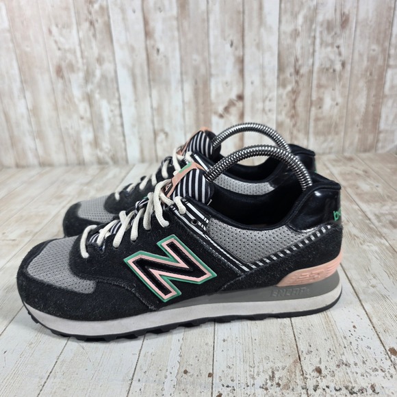 New Balance 574 WL574BFK Black Pink Green Women's Athletic Shoes Size 7 - Picture 2 of 8